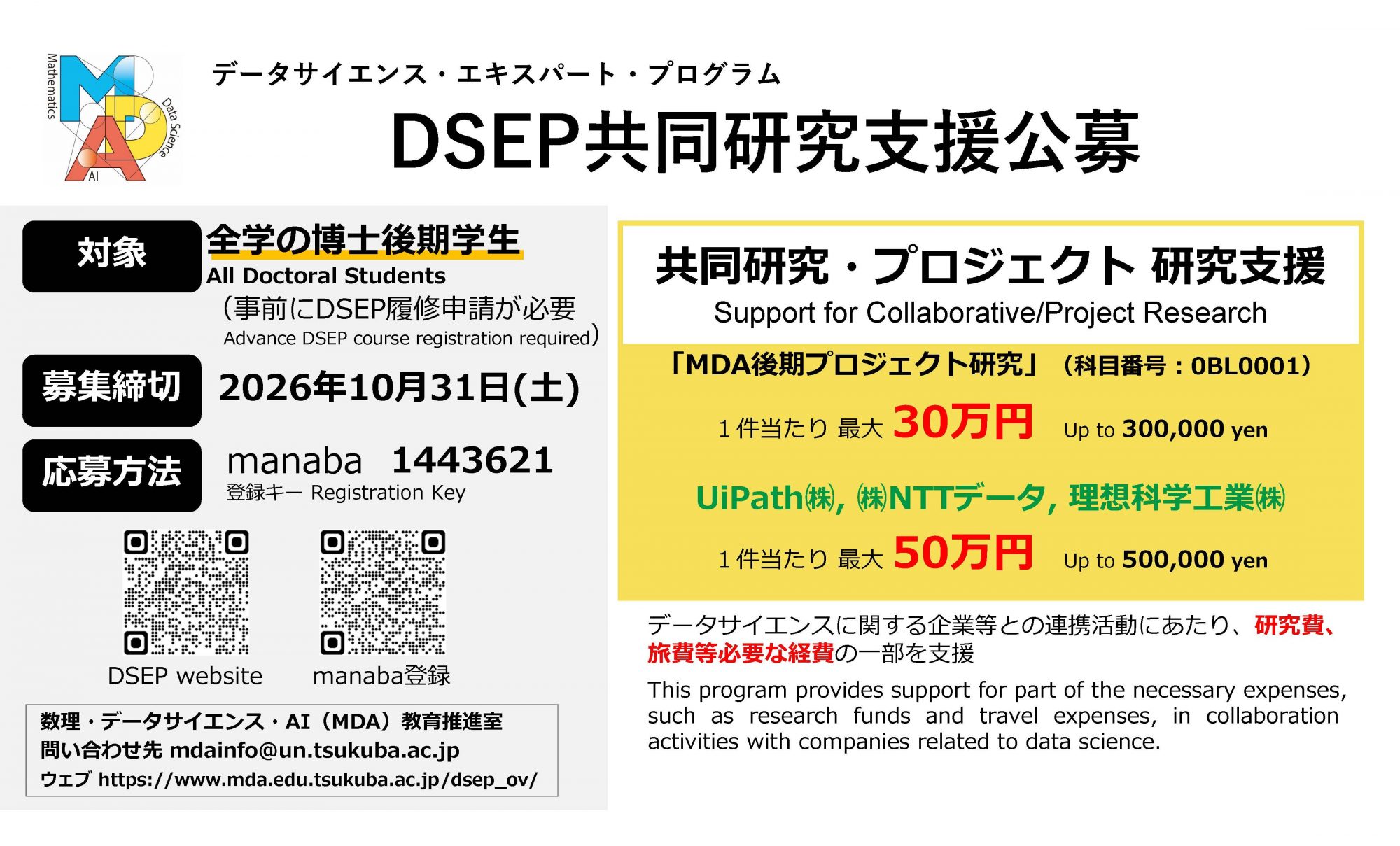 共同研究等の費用支援のご案内 Funding for DSEP Research Activities