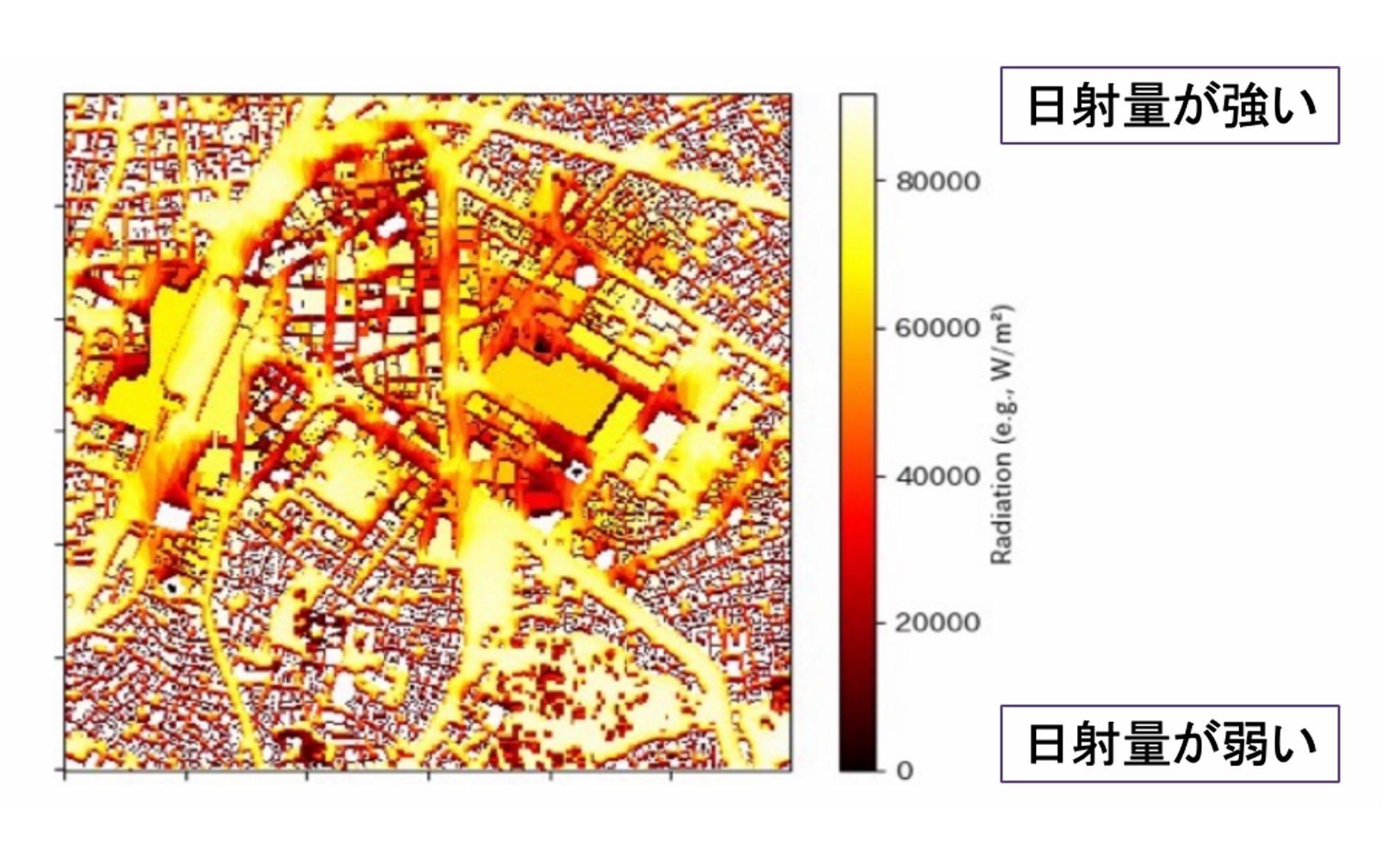 Voxcityを用いたシミュレーションによる日射分布図